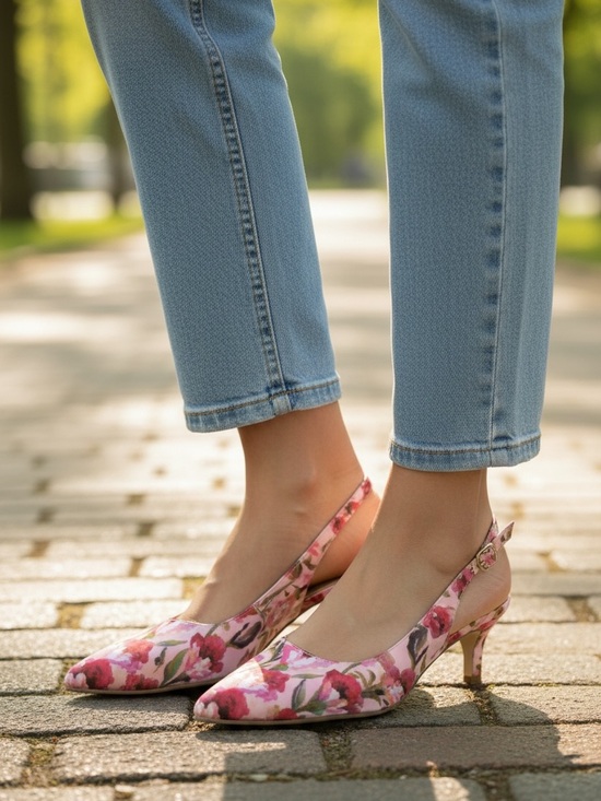 Liz Claiborne Shoes - Liz Claiborne Keith Women's Pink Floral Satin Slingback Kitten Heels Size 8.5
